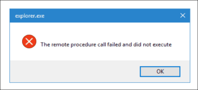 Ett exempel på ett Fjärrproceduranrop misslyckades vid start av File Explorer.