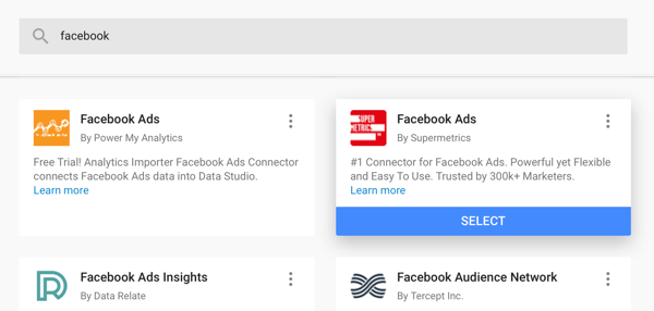 Använd Google Data Studio för att analysera dina Facebook-annonser, steg 4, alternativet att använda Facebook Ads-kontakt från Supermetrics som din datakälla