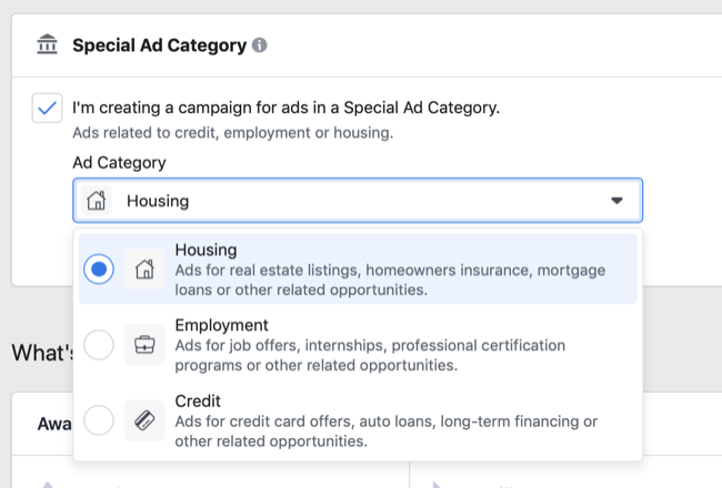 Alternativ för Facebook för särskilda annonskategorier i listrutan Annonskategori
