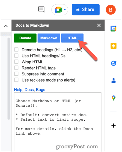 Konvertera till HTML med Docs to Markdown i Google Docs