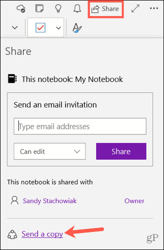 Skicka en kopia av en anteckning i OneNote för Windows 10