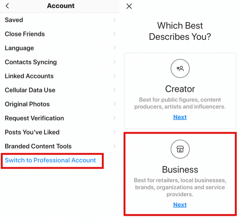 hur man byter från Instagram personlig profil till företagsprofil