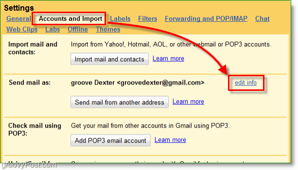 klicka på dina Google-postkonton och importknappen och redigera sedan information