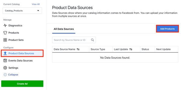Använd Facebook Event Setup Tool, steg 22, menyalternativ för att lägga till produkter via fliken produktdatakällor på Facebook