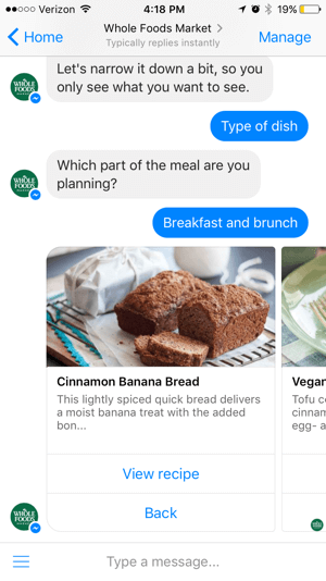 Whole Foods chatbot erbjuder värde genom innehåll snarare än att sälja direkt till användare.