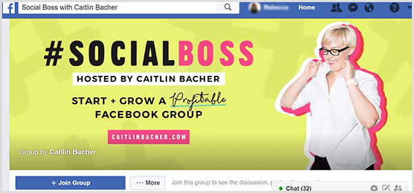 Facebook-omslagsbilden för Social Boss värd Caitlin Bacher har en gul bakgrund, rosa accenter på texten och ett foto av Caitlin som drar upp sin skjortkrage.