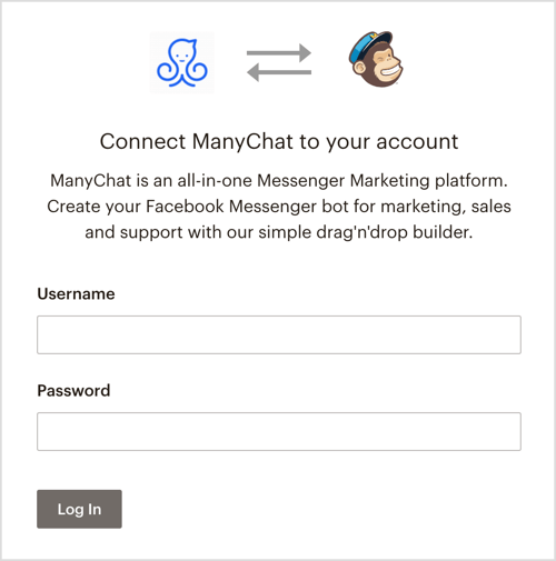 Logga in på ditt MailChimp-konto via ManyChat.