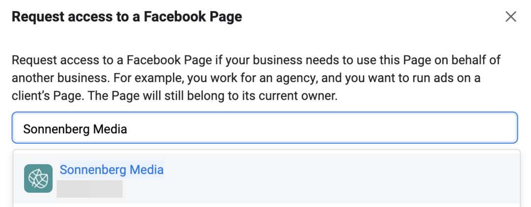 bild av Begär åtkomst till en Facebook-sida i Meta Business Manager