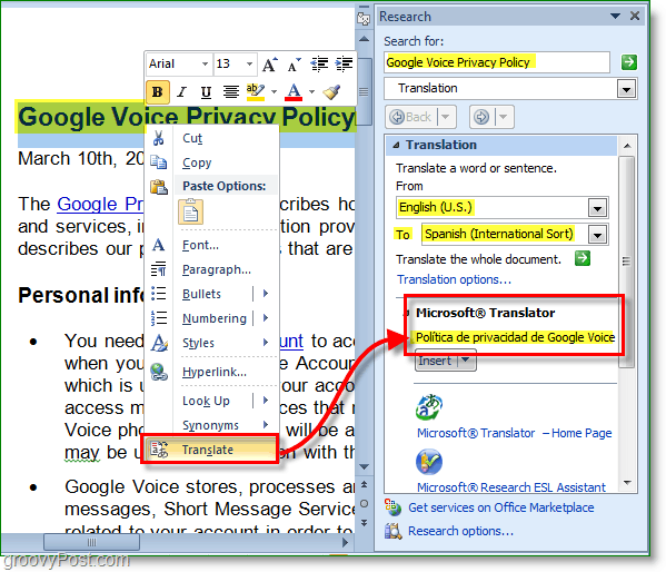 office 2010 kan också översätta enskilda ord och inställningar