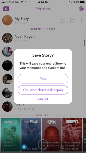 Tryck på Ja för att spara din Snapchat-berättelse.
