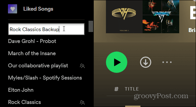 byt namn på kopieringsspellistan på Spotify