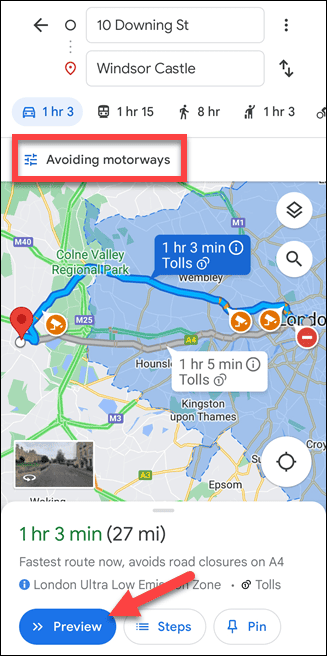 Google Maps mobilväg utan motorvägar