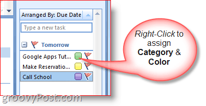 Uppgiftsfält i Outlook 2007 - Högerklicka-uppgift för att välja färger och kategori