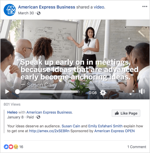 Denna Facebook-annons för American Express Business har Susan Cain, en välkänd ledarskaps- och ledningsexpert som uppnådde berömmelse med ett nyligen TED Talk.