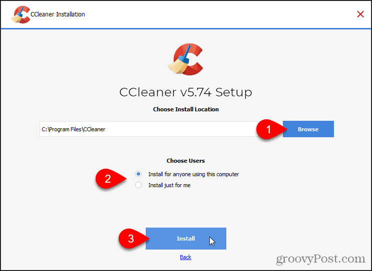 Klicka på Installera för att installera CCleaner