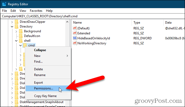Välj Behörigheter för en nyckel i Windows-registerredigeraren