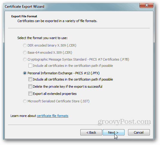 Windows Certificate Export - Acceptera standardvärden