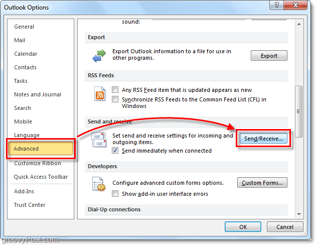 avancerade skicka och ta emot optioner i Outlook 2010