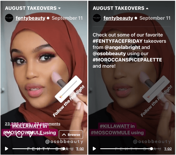 Exempel på ett Fenty Beauty IGTV-avsnitt, som visar ett kontoövertagande, som visar produktanvändning av en lojal fan.