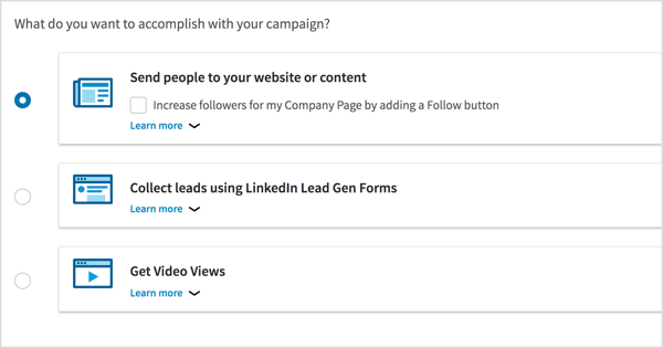 Välj kampanjmål för din LinkedIn-videoannonskampanj.