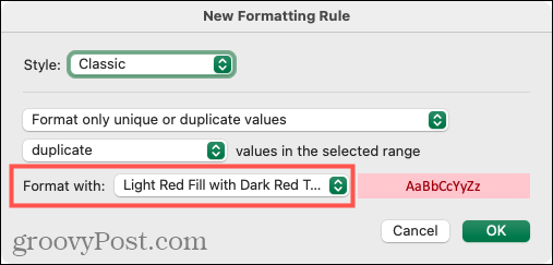 Välj Formatering för duplikat i Excel på Mac