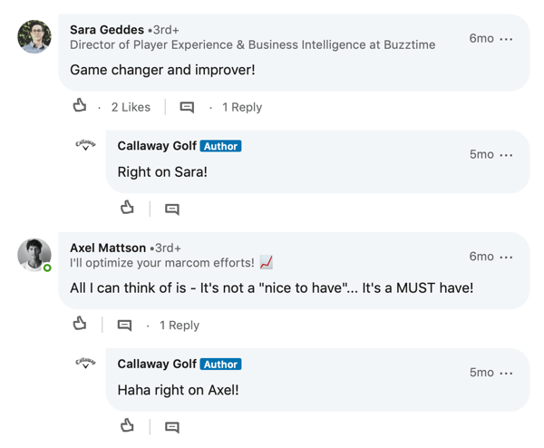LinkedIn-medlemskommentarer för Callaway Golf-inlägg