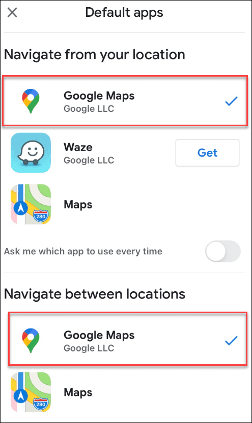 gmail google maps valt som standard