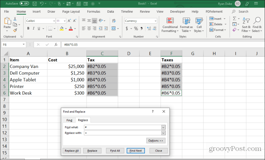 sök och ersätt formeln i Excel