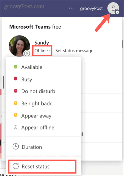 Återställ din status i Teams