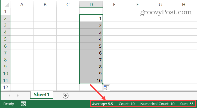 Excel-statusfält för utvalda celler