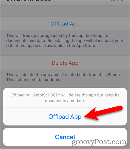 Tryck på Offload-app igen