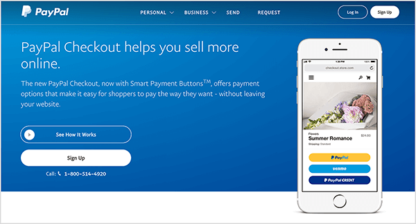 Det här är en skärmdump av PayPal Checkout-webbsidan. Den har en blå bakgrund och vit text. En rubrik säger "PayPal Checkout hjälper dig att sälja mer online." Två knappar visas under rubriken: en blå en märkt Se hur det Fungerar och en vit märkt Registrera dig. Till höger är en bild av en smartphone med PayPal Checkout-funktionen på en mobil hemsida.