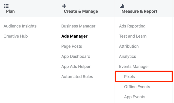 Använd Facebook Event Setup Tool, steg 1, pixelmenyalternativ i Facebook Ads Manager