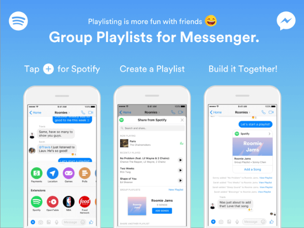 Spotify utökade funktionaliteten i sin Messenger-bot så att grupper kunde bygga spellistor direkt från Messenger-appen.