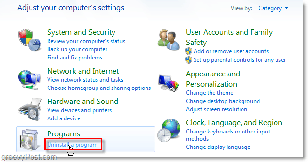 Klicka på avinstallera ett program för att fortsätta ta bort dvs. från Windows 7