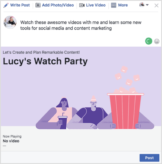 Klicka på Skicka för att publicera ditt Facebook Watch Party-inlägg.
