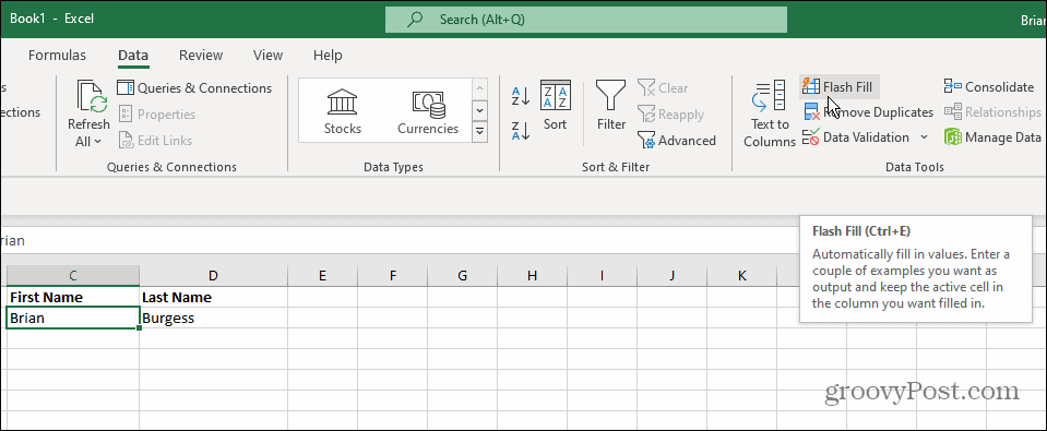 Dataverktyg Flash Fill Excel