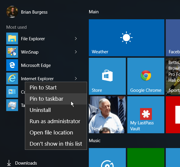IE Start-meny Windows 10