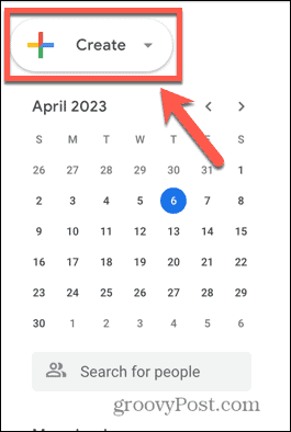 Skärmdump med Google Kalender skapa knapp
