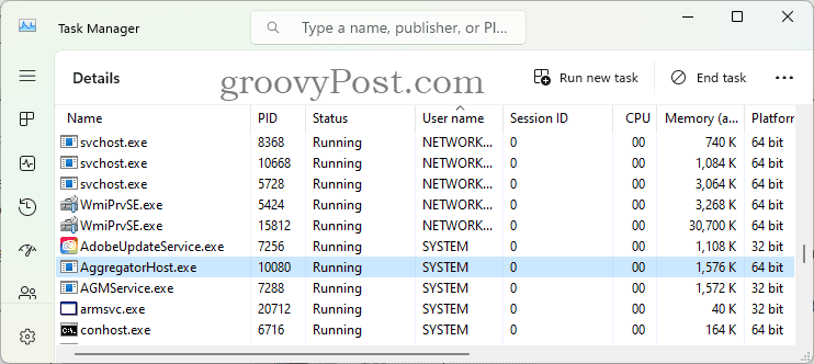 AggregatorHost.exe körs i bakgrunden som visas i Aktivitetshanteraren