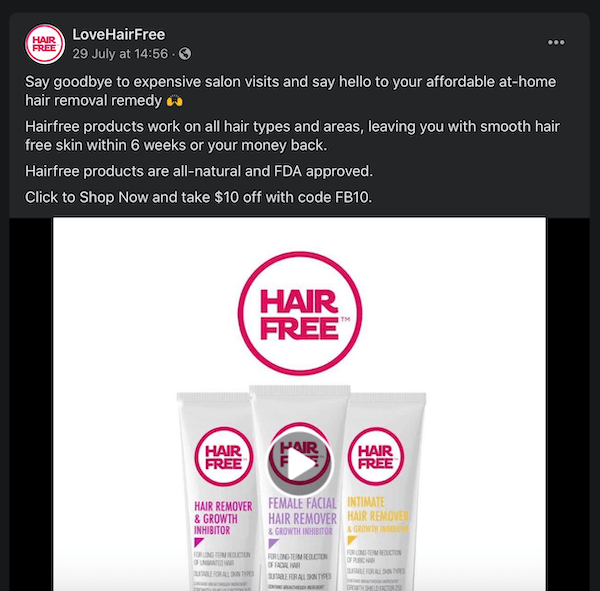 Facebook-inlägg av lovehairfree och noterar deras hårborttagningsprodukter genom att jämföra dem med dyra salongbesök