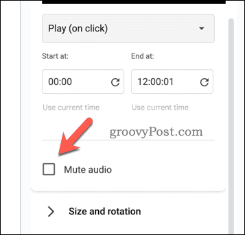 Stänga av ljud från en video i Google Presentationer