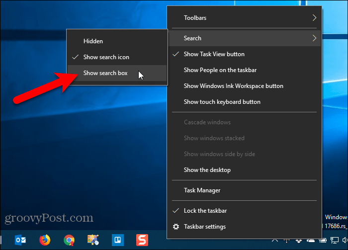 Visa sökrutan Inställning av aktivitetsfält i Windows 10