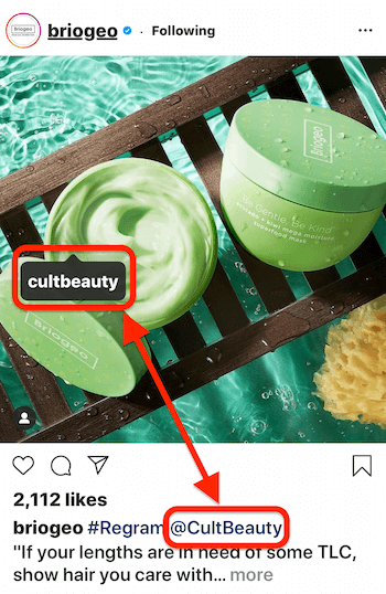 instagraminlägg av @briogeo som visar en inläggstagg och bildtext @mention för @cultbeauty, vars produkt visas i bilden