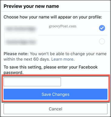 Bekräftar en Facebook-namnändring i mobilappen