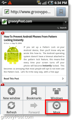 öppna den mer menyn i Android-webbläsaren