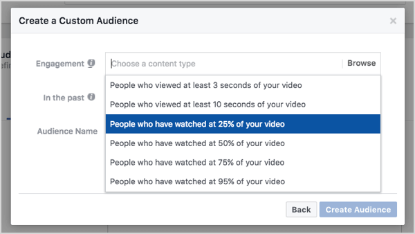 Facebook anpassad publik baserad på 25% videovisningar.