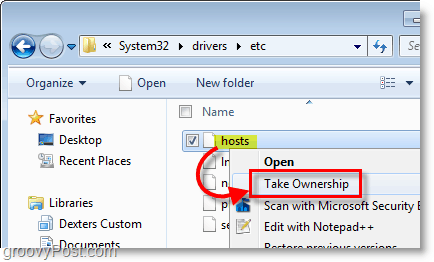 Windows 7-skärmdump - använd högerklick-snabbmenyn för att ta äganderätt till alla filer i Windows 7