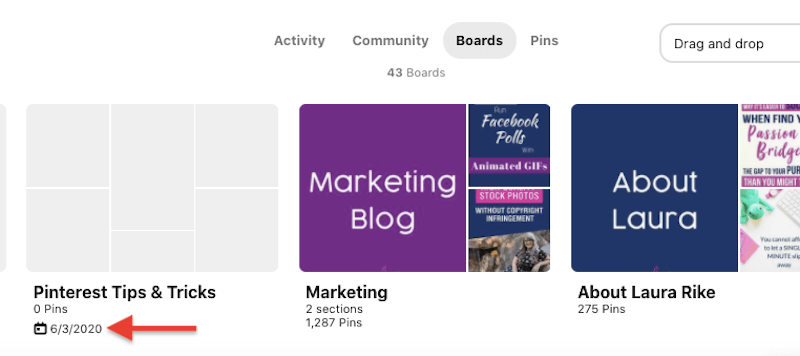 skärmdump av flera pinterest-brädor med datumet 2020-06-03 markerat för tavlan med titeln pinterest tips & tricks