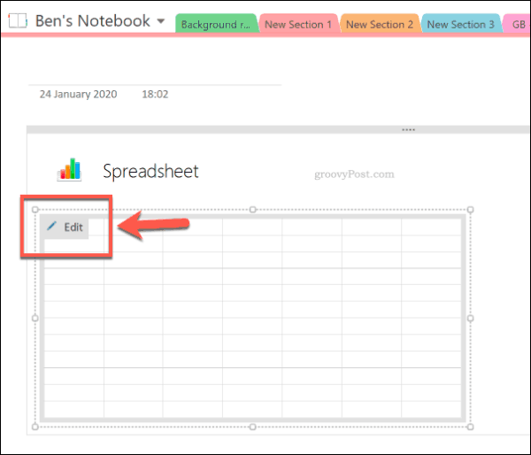 Redigera ett nytt Excel-kalkylblad i OneNote